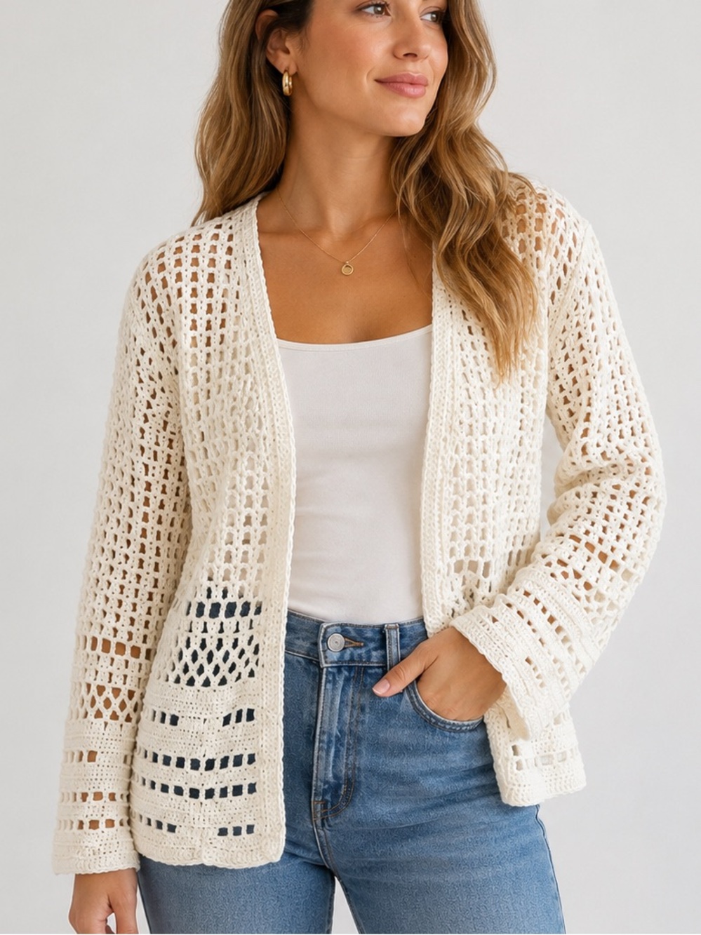 RICO Hand Knits White Ivory Crochet Open Front Cardigan Lightweight Sweater M